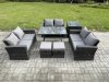 Fimous 7 PCS Outdoor Lounge Sofa Set Wicker PE Rattan Garden Furniture Set with Rectangular Dining Table Love Seat Sofa Side Table 2 Small Footstools Dark Grey Mixed