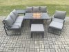 Fimous Aluminium 7 Pieces Garden Furniture Sofa Set with Cushions 9 Seater Gas Fire Pit Dining Table Set with Side Table 2 Big Footstools Dark Grey