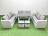 Fimous Patio Garden Furniture Sets with Black Glass Top Dining Table 3 Seater Sofa 2 Small Stool Light Grey