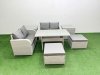 Fimous 6 Seater Outdoor Love Sofa Set Rattan Garden Furniture Set with Rectangular Dining Table 2 Footstool 2 Side Tables Light Grey