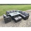 Fimous Rattan Outdoor Furniture Gas Fire Pit Rectangle Dining Table Gas Heater Reclining Chair 3 Seater Sofa Sets with Side Table 2 Small Footstools 9 Seater