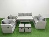 Fimous PE Rattan Garden Furniture Set Reclining Chair Sofa Double Love Seat 2 Seater Sofa Lounge Set Rectangular Dining Table 2 Stools Side Table Light Grey