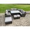 Fimous 9 Pieces Outdoor Rattan Garden Furniture Set with Patio Rectangular Dining Table Love Sofa 2 Side Tables 3 Footstools Dark Grey Mixed