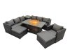 Fimous 9 Seater Garden Outdoor Rattan Furniture Set Patio Corner Sofa Gas Firepit Dining Table with Side Table 2 Big Stools Dark Grey