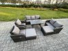 Fimous Rattan Garden Furniture Dining Set 9 seater Patio Rectangular Table 2 Big Footstool Love Sofa Dark Grey Mixed