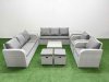 Fimous PE Rattan High Back Lounge Sofa Set Patio Square Coffee Table & Chairs Set with 3 Seater Sofa Reclining Chair Stools 2 Side Table Light Grey