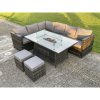 Fimous 8 Seater PE Rattan Corner Sofa Set Gas Fire Pit Dining Table Set Heater With 2 Small Stools