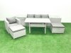 Fimous Rattan Garden Furniture Set Outdoor 6 Seater Patio Dining Sets with Glass Top Dining Table 2 Side Tables Light Grey Mixed