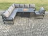 Fimous Aluminium 7 Pieces Garden Furniture Corner Sofa Set with Cushions Gas Fire Pit Dining Table Set Gas Heater Burner with Chair Dark Grey