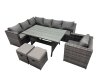 Fimous Outdoor PE Rattan Sofa Set with Dining Table Patio Garden Furniture Sets with Chair 2 Small Stool Dark Grey Mixed