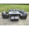 Fimous Garden Patio Furniture Wicker Rattan Gas Fire Pit Table and Sofa Chair set with Side Table 2 Small Footstools