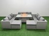 Fimous PE Rattan Lounge Sofa Set Outdoor Garden Furniture Set with Firepit Dining Table 3 Seater Sofa Light Grey