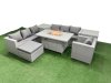 Fimous 8 Seat PE Rattan Lounge Sofa Set Outdoor Garden Furniture Set with Firepit Dining Table 3 Seater Sofa Big Stool 2 Side Tables Light Grey
