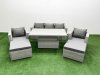 Fimous 6 PCs Rising Dining Table Set Rattan Furniture Set with 3 Seater Sofa Chair 2 Big Footstools Light Grey