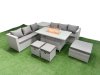 Fimous 9 Seat PE Rattan Lounge Sofa Set Outdoor Garden Furniture Set with Firepit Dining Table 3 Seater Sofa 3 Stools Side Table Light Grey