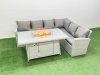 Fimous 6 Seat Rattan Garden Furniture Corner Sofa Set Outdoor Gas Fire Pit Table Set Light Grey
