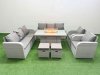 Fimous PE Rattan High Back Lounge Sofa Set Patio Firepit Dining Table & Chairs Set with 3 Seater Sofa Reclining Chair Stools Light Grey