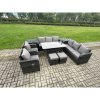 Fimous Outdoor Garden Patio Furniture Wicker Rattan Oblong Rectangular Dining Table and Lounge Sofa set with Adjustable Chair 2 Side Tables 2 Small Footstools Dark Grey Mixed
