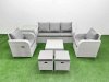 Fimous PE Rattan Garden Furniture Set Reclining Chair Sofa Lounge Sofa Set Square Coffee Table Side Table 2 Small Stools Light Grey