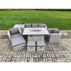 Fimous Outdoor Garden Dining Sets Rattan Furniture Gas Fire Pit Dining Table With 2 Armchairs Side Table 3 Footstools Light Grey