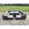 Fimous Outdoor Rattan Furniture Garden Dining Set Gas Fire Pit Table With Side Table Lounge Sofa 2 Big Footstool