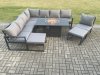 Fimous Aluminium Lounge Corner Sofa Outdoor Garden Furniture Sets Gas Fire Pit Dining Table Set with 2 Big Footstools Dark Grey