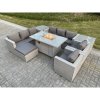 Fimous Light Grey Rattan Fire Pit Garden Furniture Set Gas Heater Burner Lounge Sofa Dining Set 2 Coffee Table Chairs Footstool