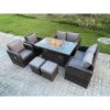 Fimous Outdoor Rattan Garden Furniture High Back Sofa Set Fire Pit Dining Table Gas Heater 2 Recling Chairs 2 Seater Love Sofa Footstools 8 Seater