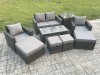 Fimous High Back Rattan Garden Furniture Sofa Sets with Rectangular Coffee Table Side Table Armchair 2 Big Footstool 2 Small Footstools Dark Grey Mixed