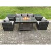 Fimous 5 Seater Outdoor PE Rattan Garden Furniture Set Gas Fire Pit Dining Table Gas Heater Burner With Sofa Armchairs Big Footstool Dark Grey Mixed