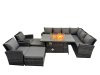 Fimous Outdoor Furniture Garden Dining Set Rattan Corner Sofa Chair Set Gas Fire Pit Table with Temper Glass 2 Big Footstools Dark Grey Mixed