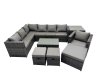 Fimous Outdoor Rattan Rectangular Coffee Table Corner Sofa Sets Garden Furniture Set with Side Table 2 Small Stools Dark Grey Mixed