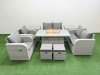 Fimous 8 Seater Outdoor Reclining Chair Love Sofa Set Rattan Garden Furniture Set with Firepit Dining Table 2 Stools 2 Side Table Light Grey