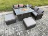 Fimous 6 Seater Rattan Garden Furniture Set Outdoor Lounge Sofa Chair Gas Fire Pit Dining Table Set With 2 Big Footstool Double Seat Sofa Side Table
