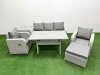 Fimous PE Rattan Garden Furniture Set Reclining Chair Sofa Lounge Sofa Set Rectangular Dining Table Side Table Big Footstool Light Grey
