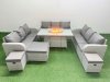 Fimous PE Rattan Lounge Sofa Set 12 Seater Outdoor Garden Furniture Set with Firepit Dining Table 3 Seater Sofa 3 Stools Light Grey