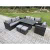 Fimous Wicker PE Garden Furniture Rattan Sofa Set Outdoor Adjustable Rising Lifting Dining Table Set with Armchair 2 Stools 9 Seater Dark Grey Mixed