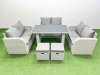 Fimous 8 Seater Patio Garden Furniture Sets with Black Glass Top Dining Table Love Sofa 2 Small Stool Light Grey