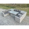 Fimous Rattan Garden Funiture Set Adjustable Rising Lifting Table Sofa Dining Set Lounge Sofa 2 Arm Chair 2 Side Table