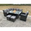 Fimous High Back Rattan Garden Furniture Sets Gas Fire Pit Dining Table Gas Heater Set Left Corner Sofa Small Footstools Chair 9 Seater