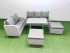 Fimous Outdoor PE Rattan Garden Furniture Set Rectangular Dining Table Sofa Set with 2 Big Stool Light Grey