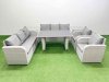 Fimous 8 Seater Wicker PE Rattan Furniture Outdoor Dining Table 3 Seater Sofa Reclining Chair Set with 2 Side Tables Light Grey