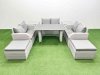 Fimous 8 Seater Patio Garden Furniture Sets with Black Glass Top Dining Table Love Sofa 2 Side Tables 2 Big Stool Light Grey