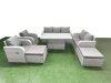 Fimous PE Rattan Garden Furniture Set Reclining Chair Sofa Double Love Seat 2 Seater Sofa Lounge Set Adjustable Lifting Dining or Coffee Table 2 Big Footstool Light Grey