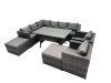 Fimous Outdoor PE Rattan Sofa Set with Dining Table Patio Garden Furniture Sets with 2 Big Stool Dark Grey Mixed