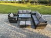 Fimous Outdoor Lounge Sofa Set Wicker PE Rattan Garden Furniture Set with Rectangular Dining Table Reclining Chair Side Table 2 Small Footstools Dark Grey Mixed
