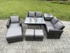 Fimous 8 Seater Garden Dining Set Wicker PE Rattan Outdoor Furniture Sofa with Rectangular Dining Table Double Seat Sofa Side Table 3 Footstools Dark Grey Mixed