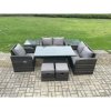 Fimous Wicker PE Rattan Furniture Garden Dining Set Outdoor Height Adjustable Rising lifting Table Love Sofa With Reclining Chair 2 Side Tables 2 Small Footstools