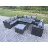 Fimous Outdoor Lounge Sofa Garden Furniture Set Patio Rattan Rectangular Dining Table with 2 Armchair Big Footstool 9 Seater Dark Grey Mixed