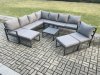 Fimous 10 Seater Patio Outdoor Garden Furniture Aluminium Lounge Corner Sofa Set with Square Coffee Table 2 Big Footstools Dark Grey